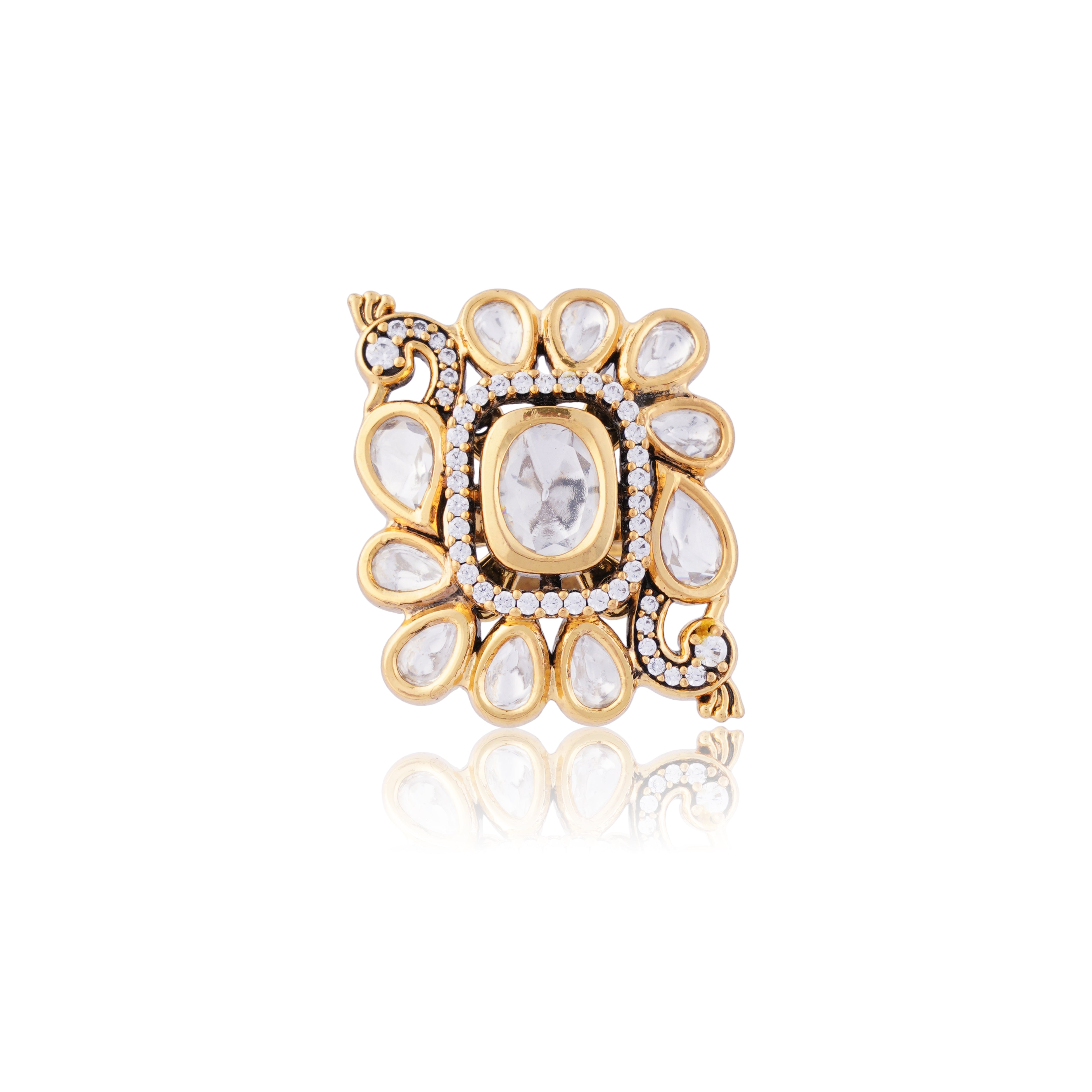 White Kundan Floral Peacock Statement Ring