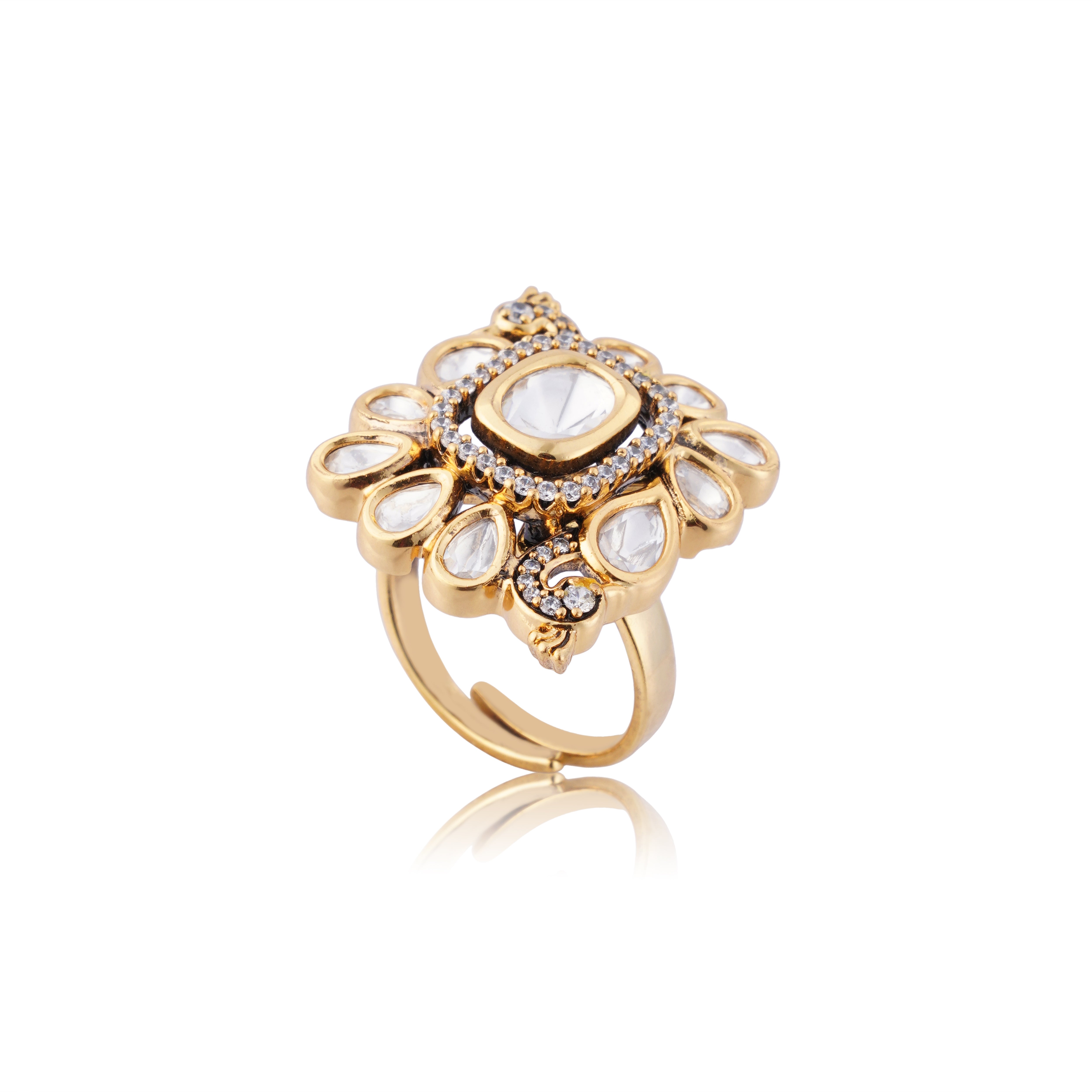 White Kundan Floral Peacock Statement Ring
