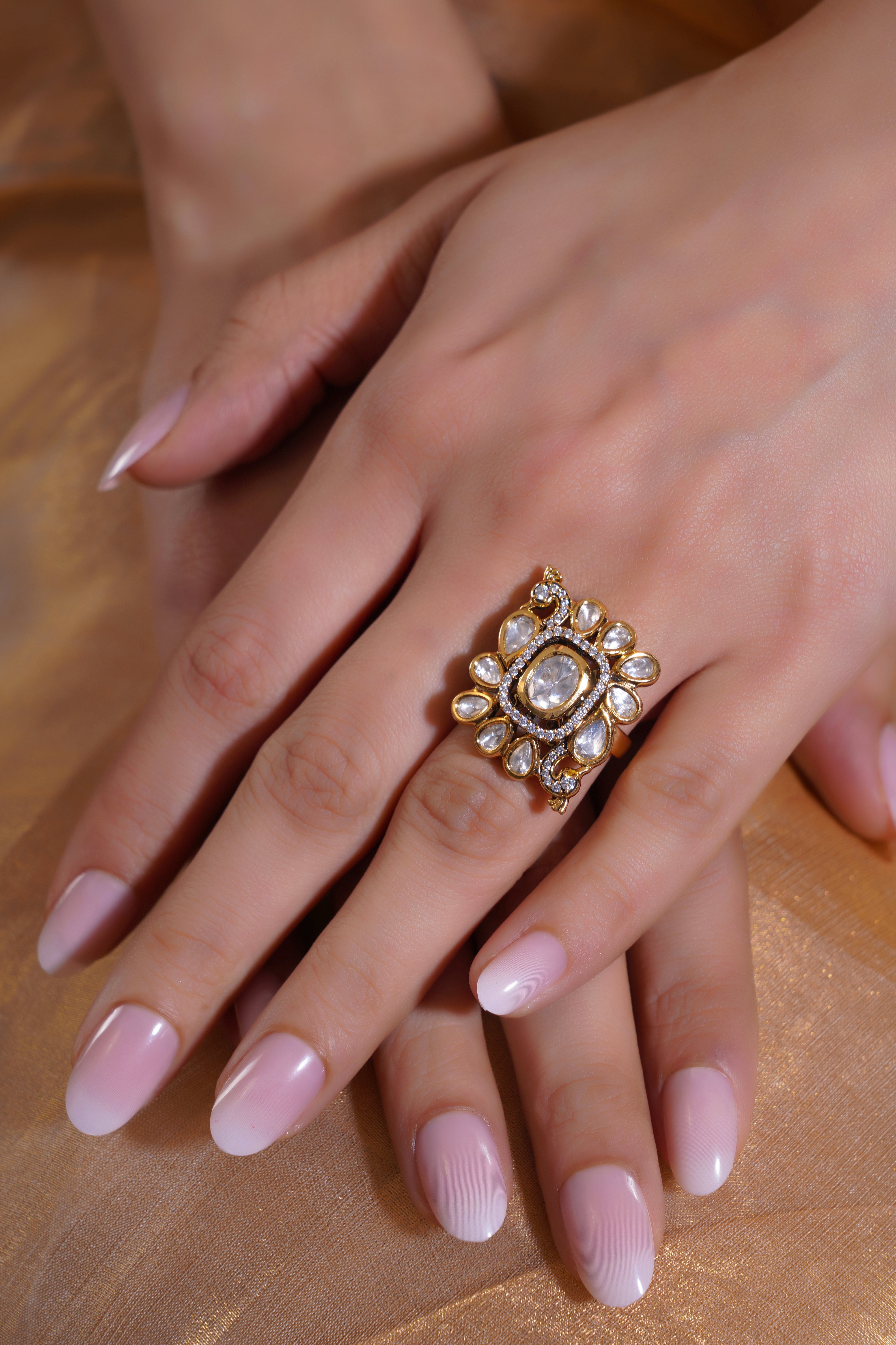 White Kundan Floral Peacock Statement Ring