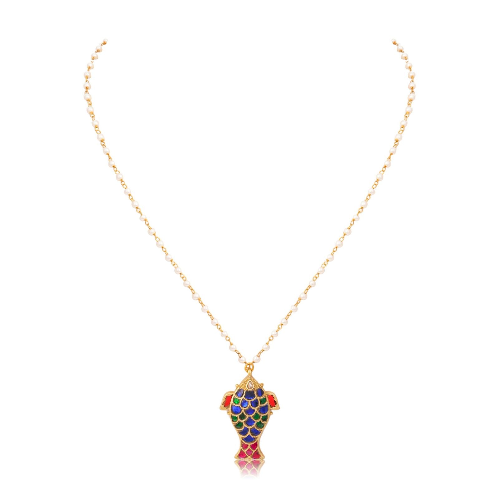 Meenakari Parrot Pendant - green & ruby with pearl drops