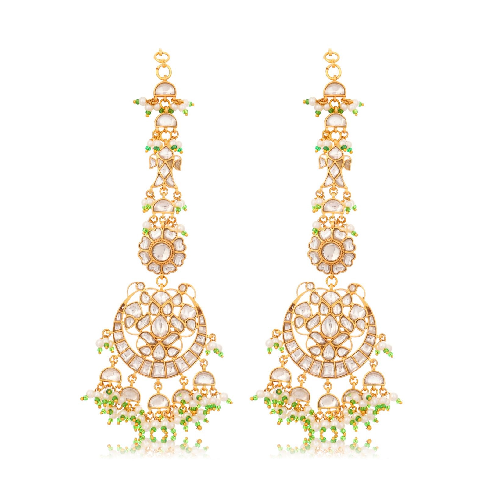 Polki Kundan Chandbali Earrings with Green Bead and Pearl Drops